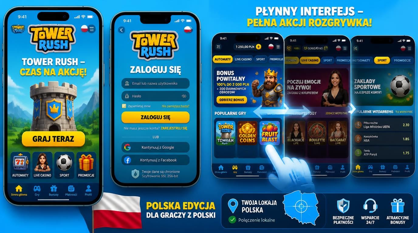 Interfejs gry Tower Rush na smartfonie pokazujący polską wersję językową