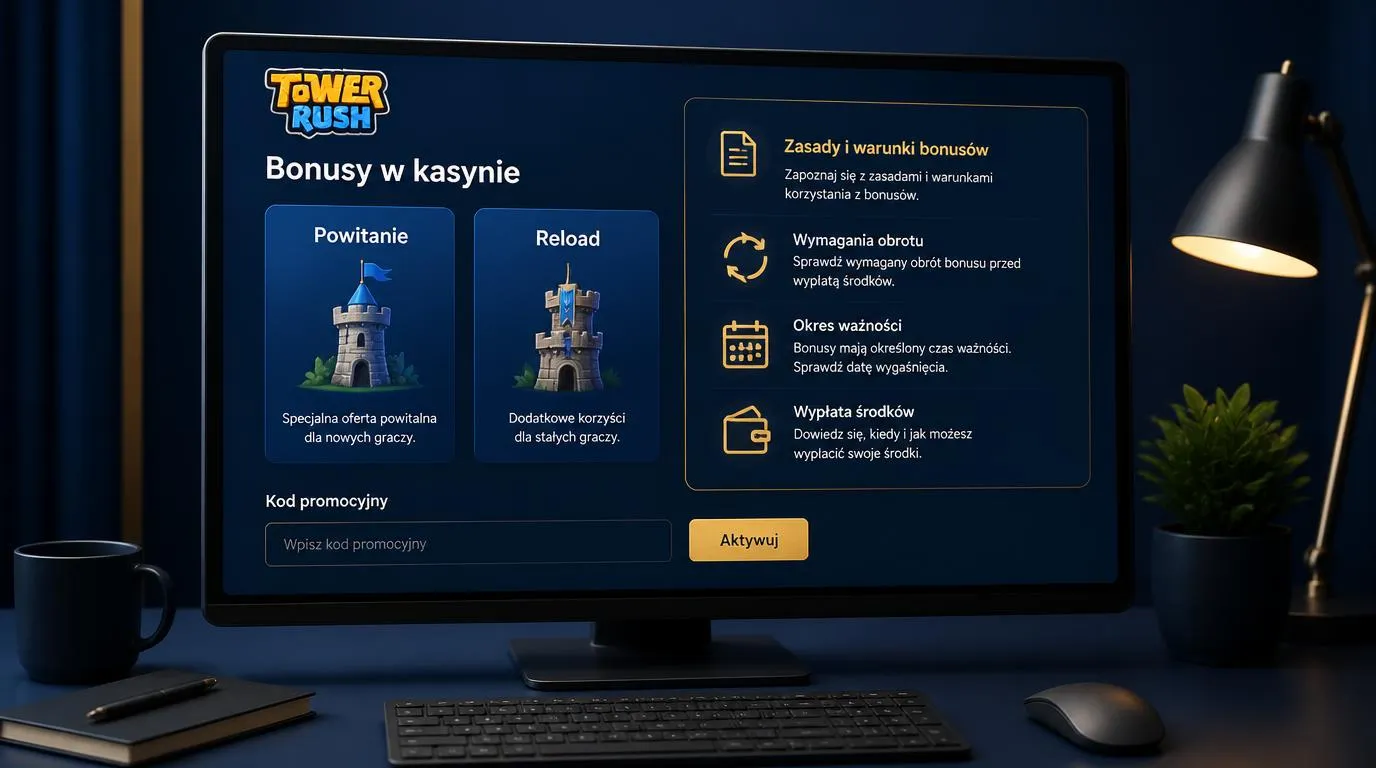 Panel ofert kasyna z kartami bonusu powitalnego i reload oraz otwartą listą warunków promocji