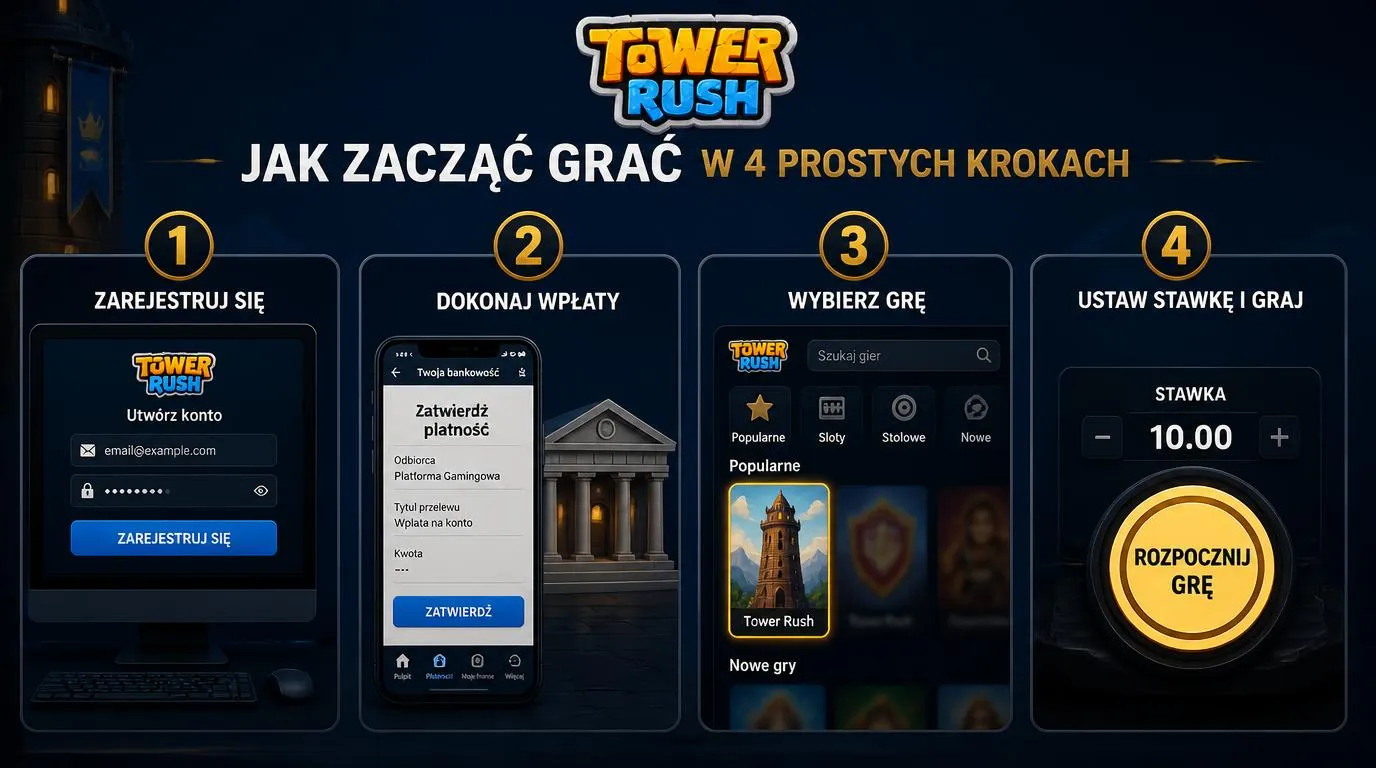 Cztery etapy rozpoczęcia gry - konto, lokalna płatność bankowa, wybór gry w lobby i ustawienie stawki